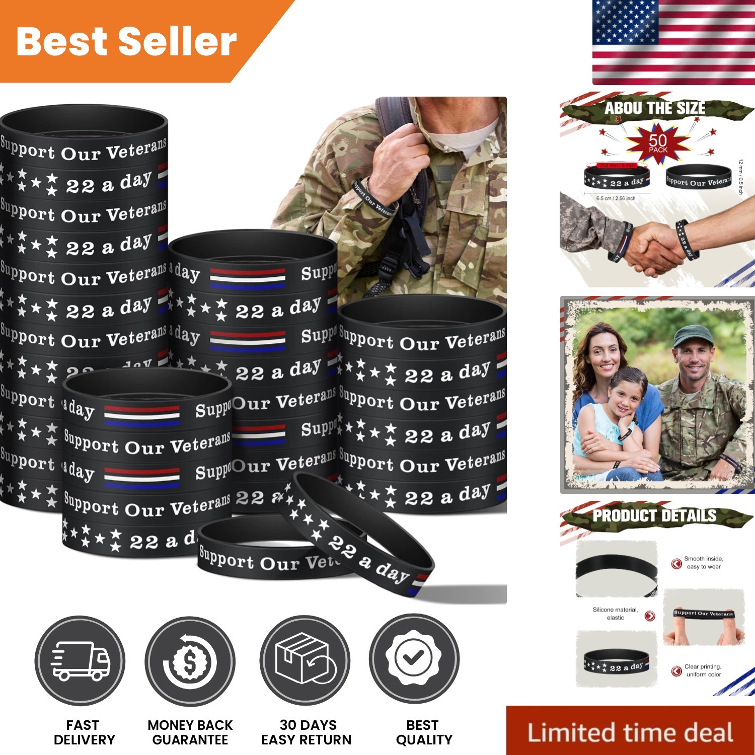 50 Pcs Veterans Day Silicone Bracelets 22 a Day Support Our Veterans Bracelet…