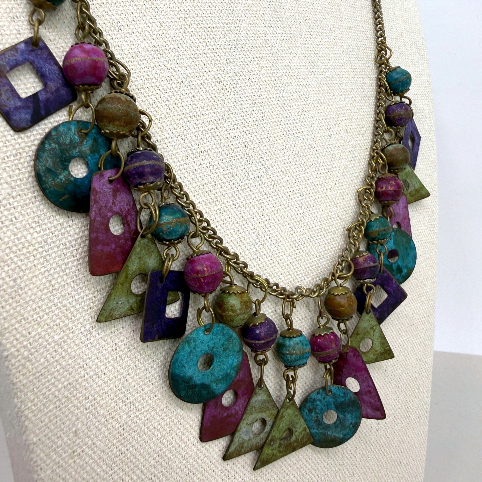 Painted Metal Bib Necklace & Dangle Earrings Jewelry Set of 3 Vintage 80s