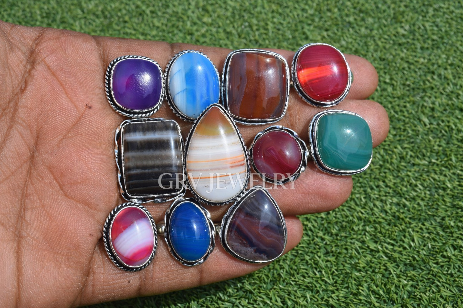 1-500 Pcs Banded Agate Wholesale Stone Rings Lot Bulk: Silver Plated Whr-111