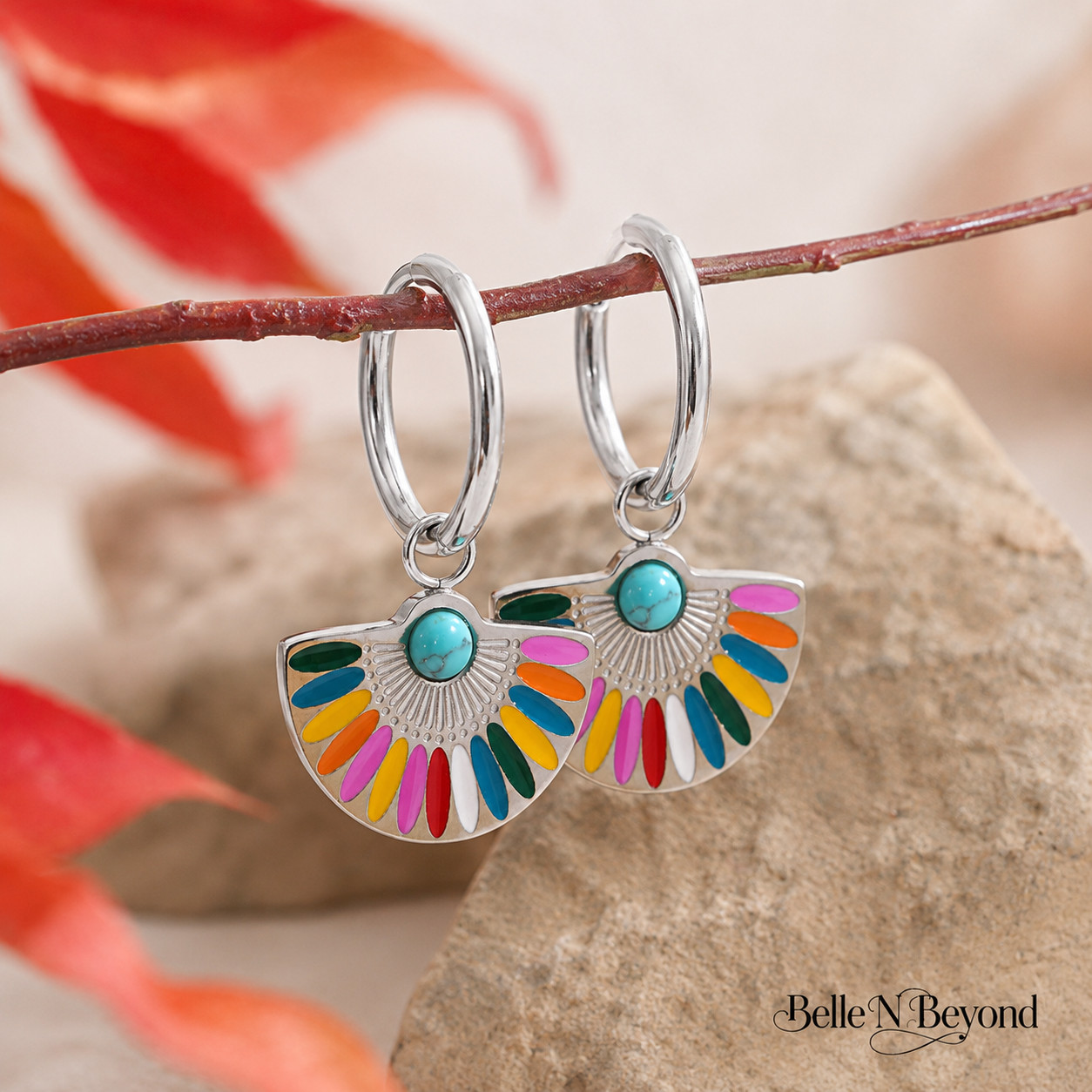 Colorful Fan Hoop Earrings Turquoise Enamel Gold Silver Boho Dangle Set