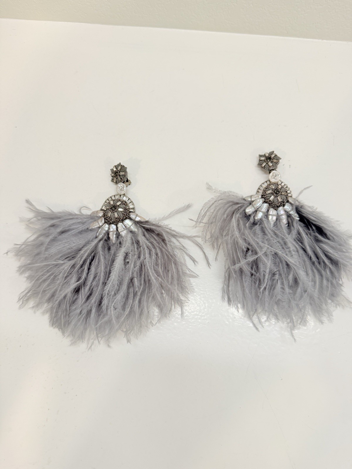 Ranjana Khan Ostrich Feather & Burnt CrGray Feather Tassel Dangle Earrings