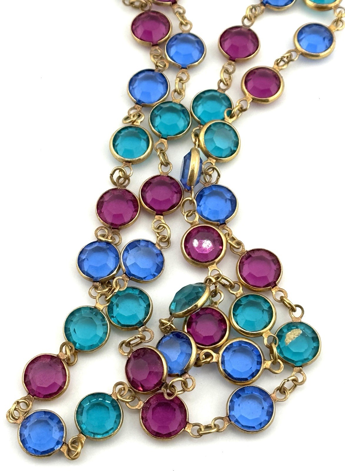 Swarovski Crystal Station Necklace Blue Pink Green Gold Tone 36″ Signed