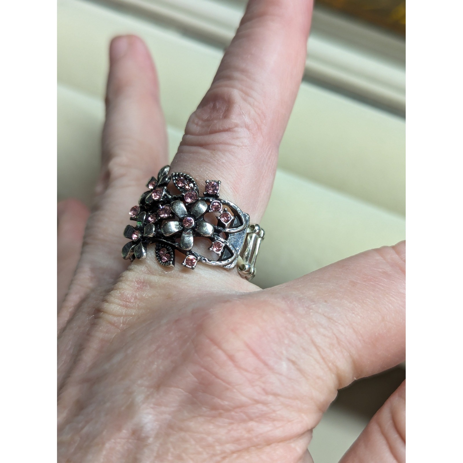 New Flowers Ring Floral Silvertone Pink Rhinestone Stretch Band Botanical Lover