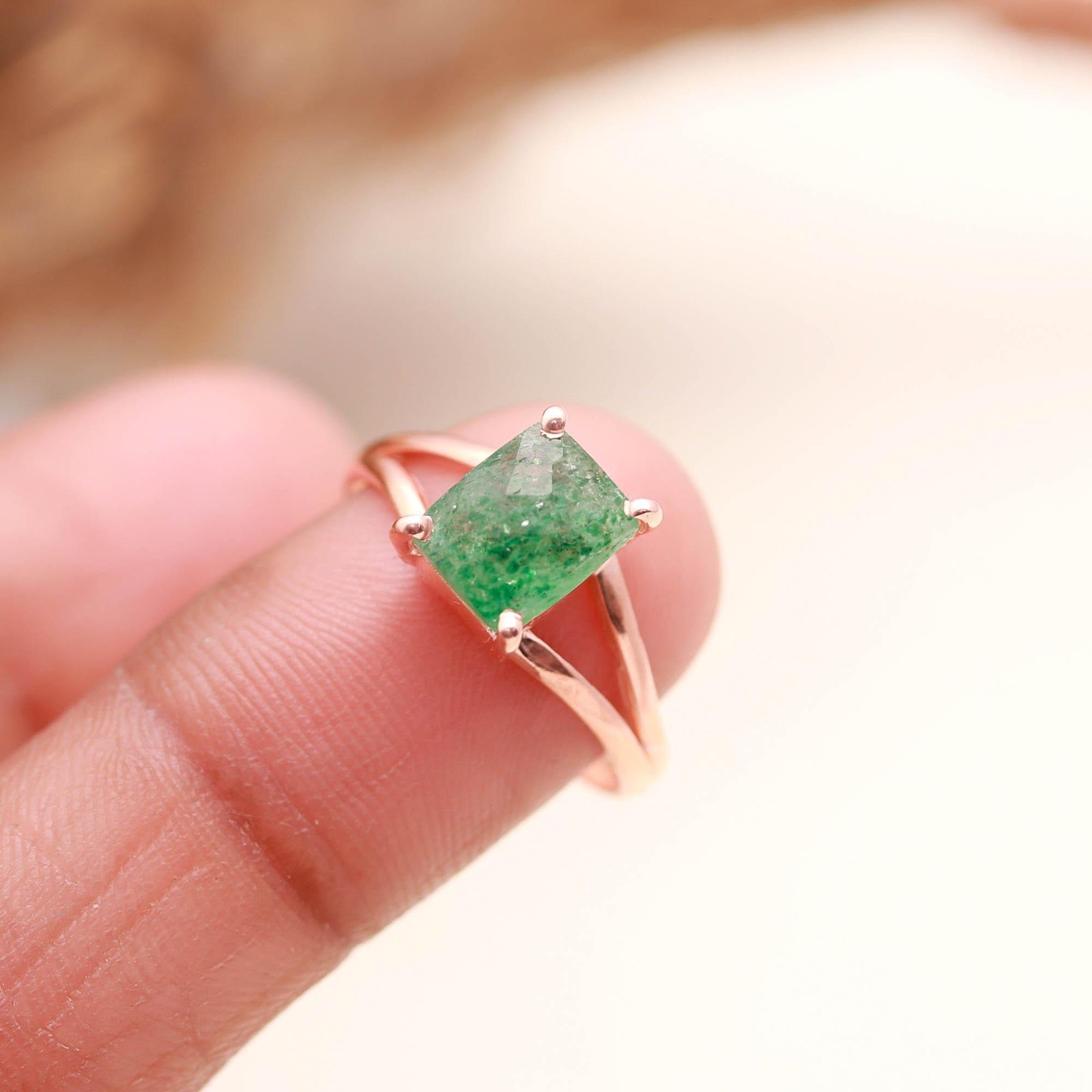 Natural Green Strawberry Octagon Ring Rose Gold Fill 925 Sterling Silver Jewelry