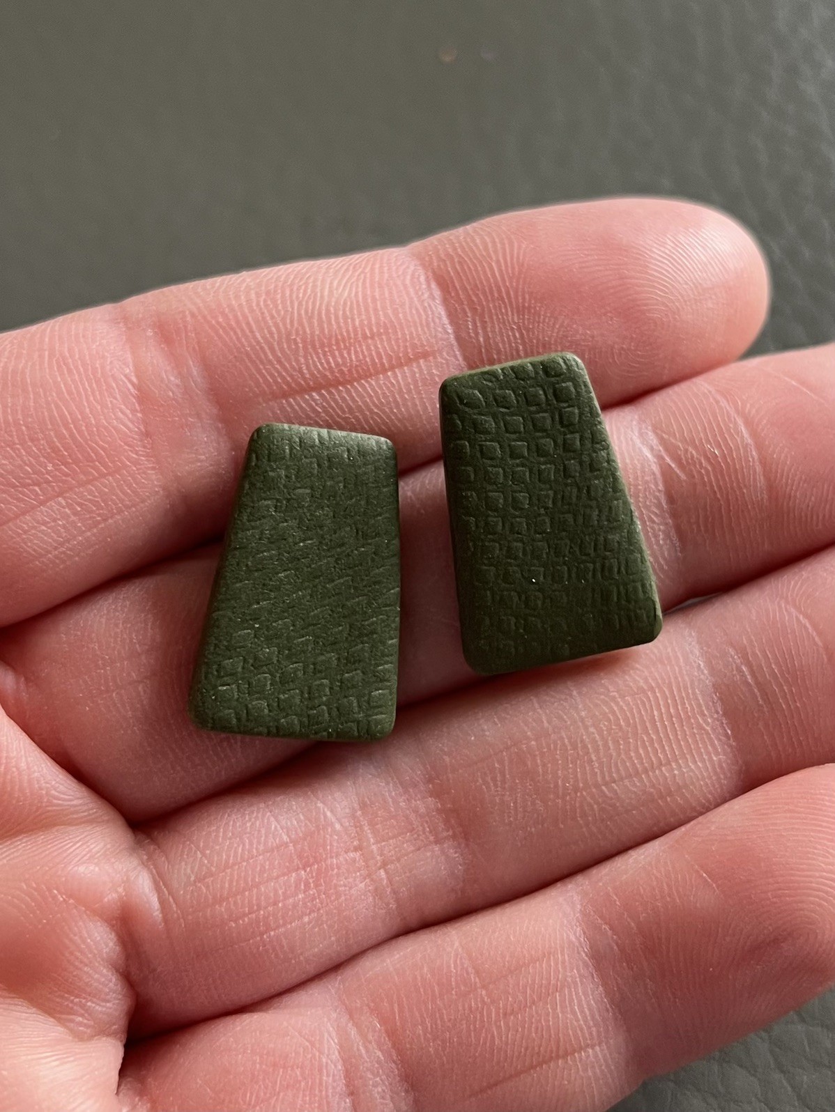 Handmade Khaki Polymer Clay Earrings – Textured Trapezoid – Ultra Lightweight