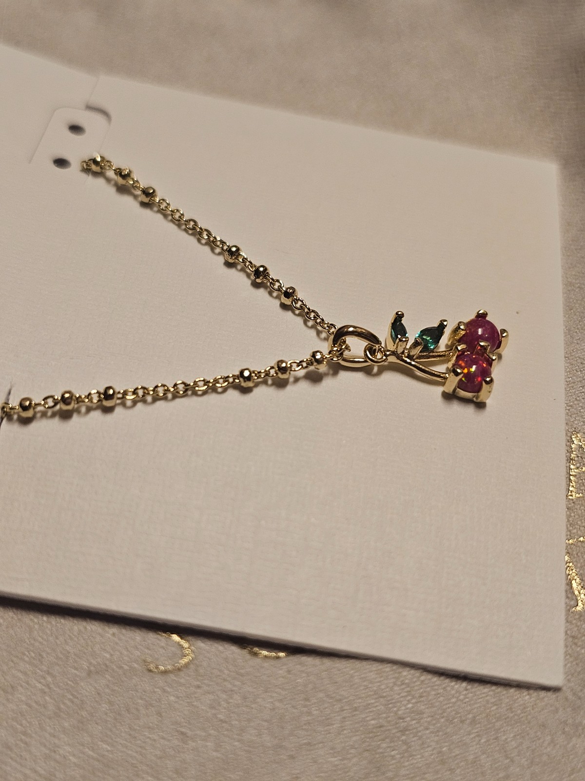 Kendra Scott Cherry Necklace Kyocera Pink Opal Green Gold NWT Jewelry Gift Bag