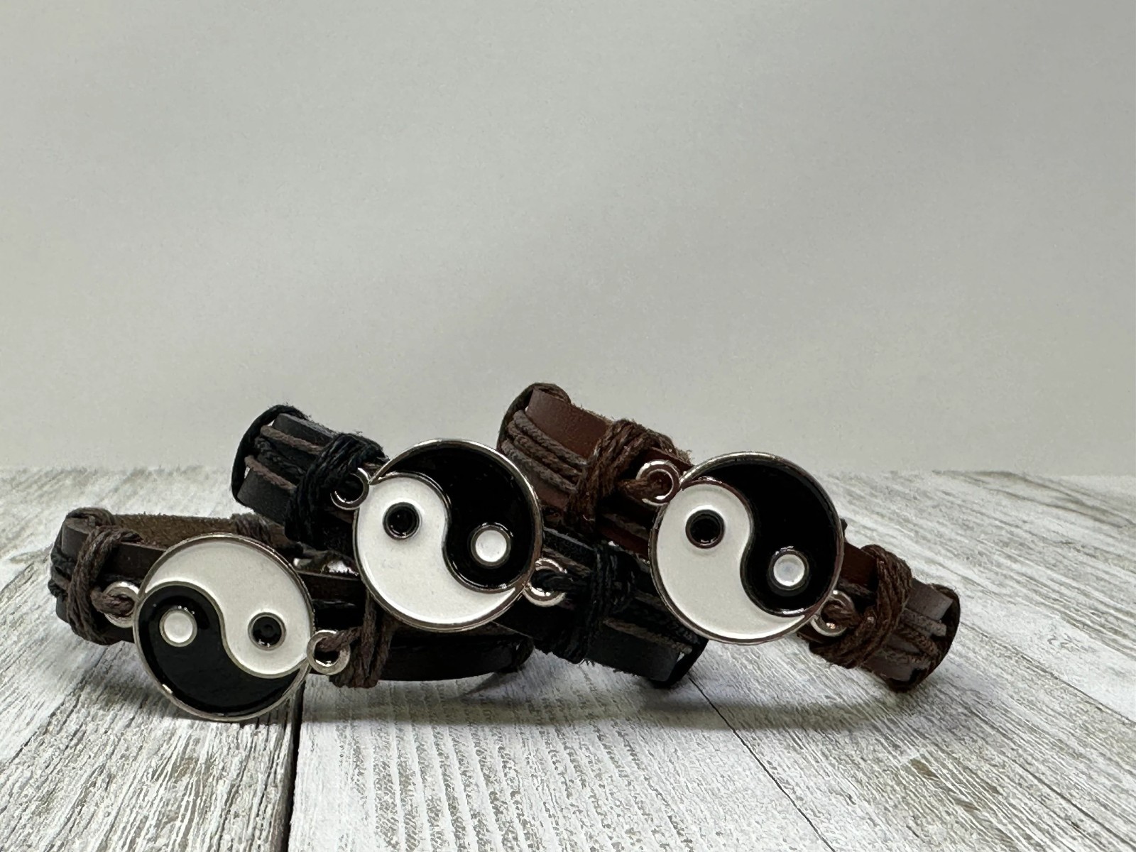 Yin Yang Leather Bracelet Adjustable Unisex Handmade Balance Symbol 6-10in