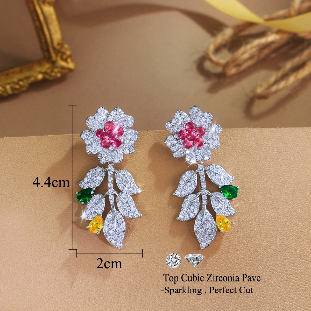 Exquisite Silver Plated Cubic Zirconia Flower Leaf Drop Earrings Wedding Jewelry