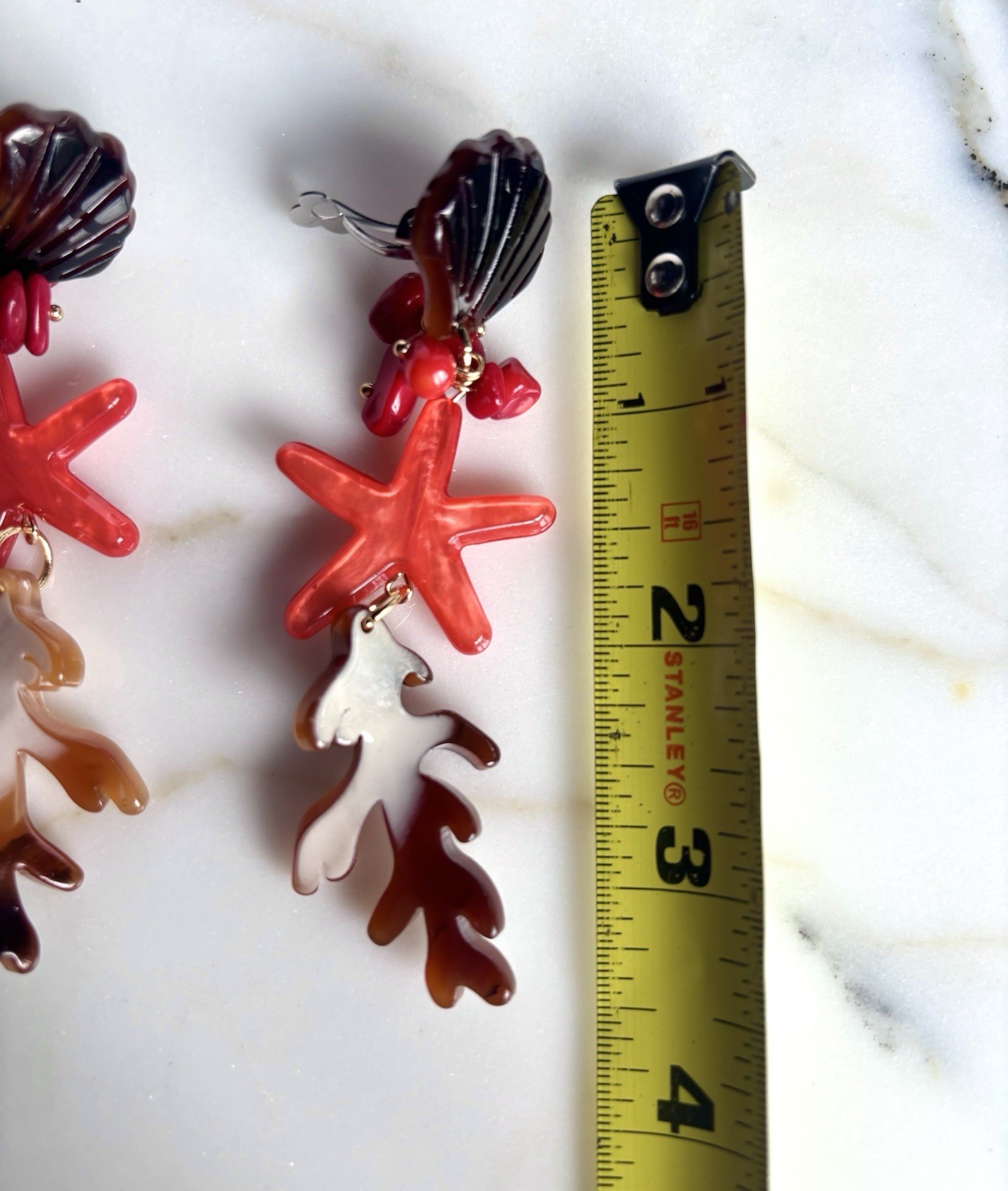 SUMMER RESIN SEASHELL STARFISH CORAL CLIP ON DANGLE CHARM EARRINGS NEW 3.5 In