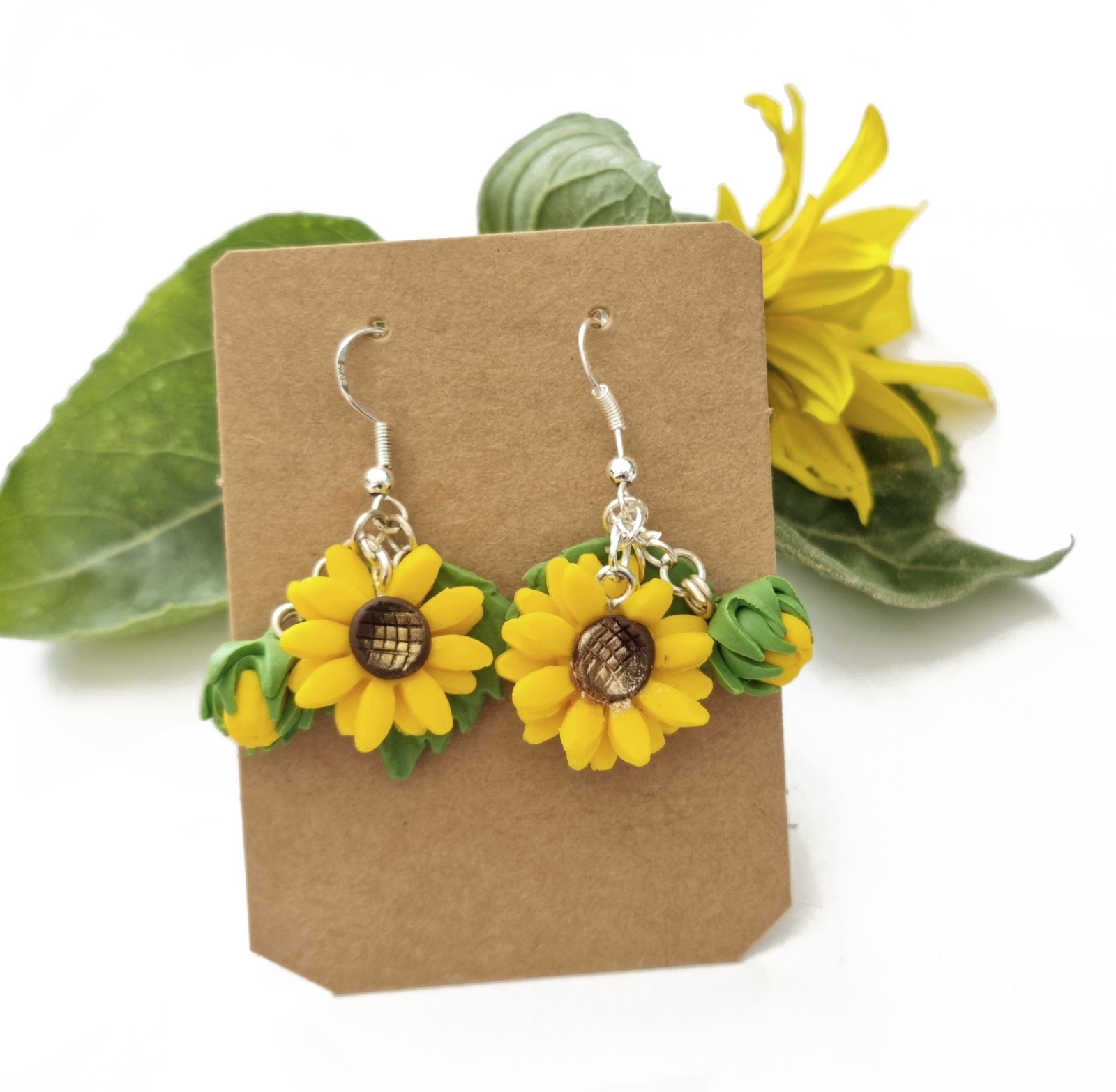 Sunflower earrings handmade polymer clay clusters