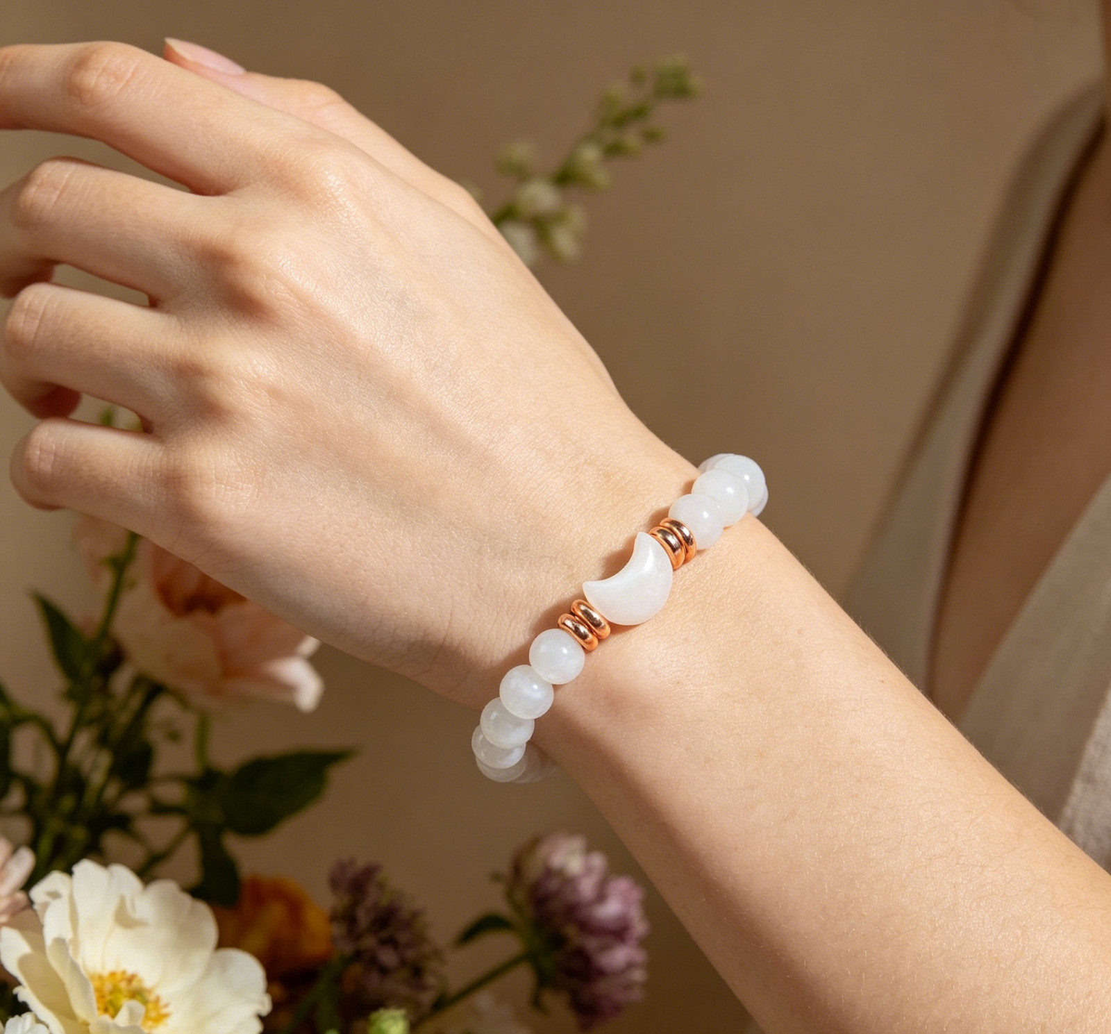 Selenite & MOP Moon Stretch Bracelet | Cleansing Energy Spiritual Jewelry Gift