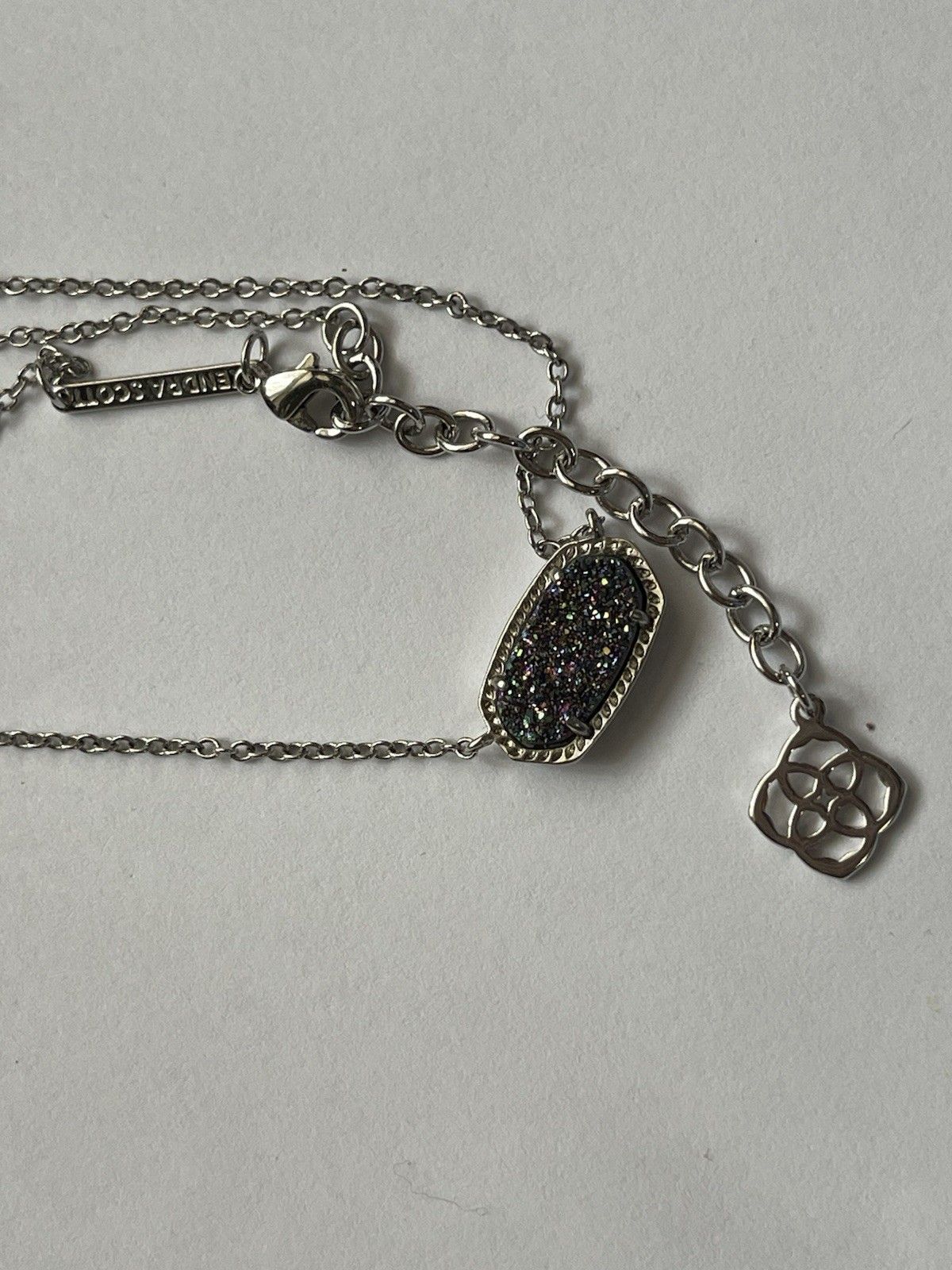 Kendra Scott Elisa SILVER Sparkling PLATINUM Drusy Quartz Necklace Dust Bag