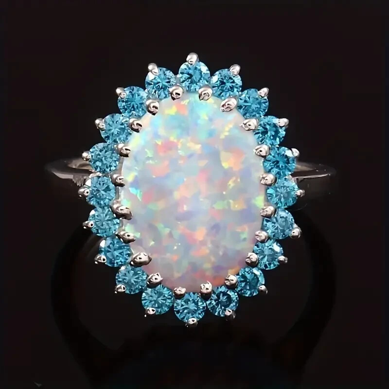 Elegant 925 Sterling Silver Fire Rainbow Opal Blue Topaz Engagement Ring Size 8