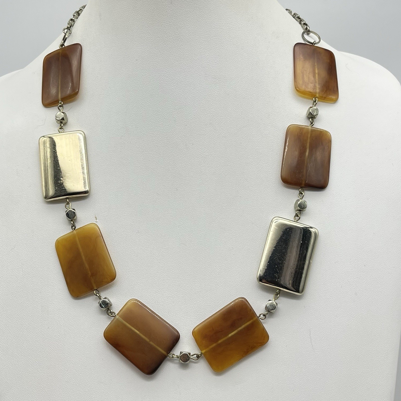 Banana Republic Necklace Geometric Lucite Tile Panel Brown Silver Tone 22″