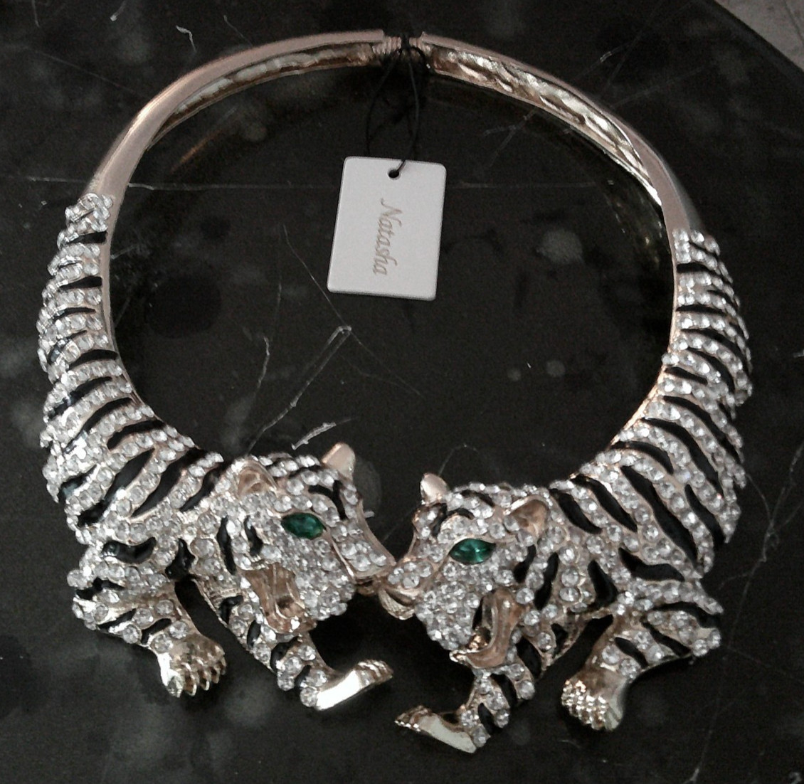 NATASHA Gold Tiger Statement Necklace White Sequins & Green Rhinetone Eyes
