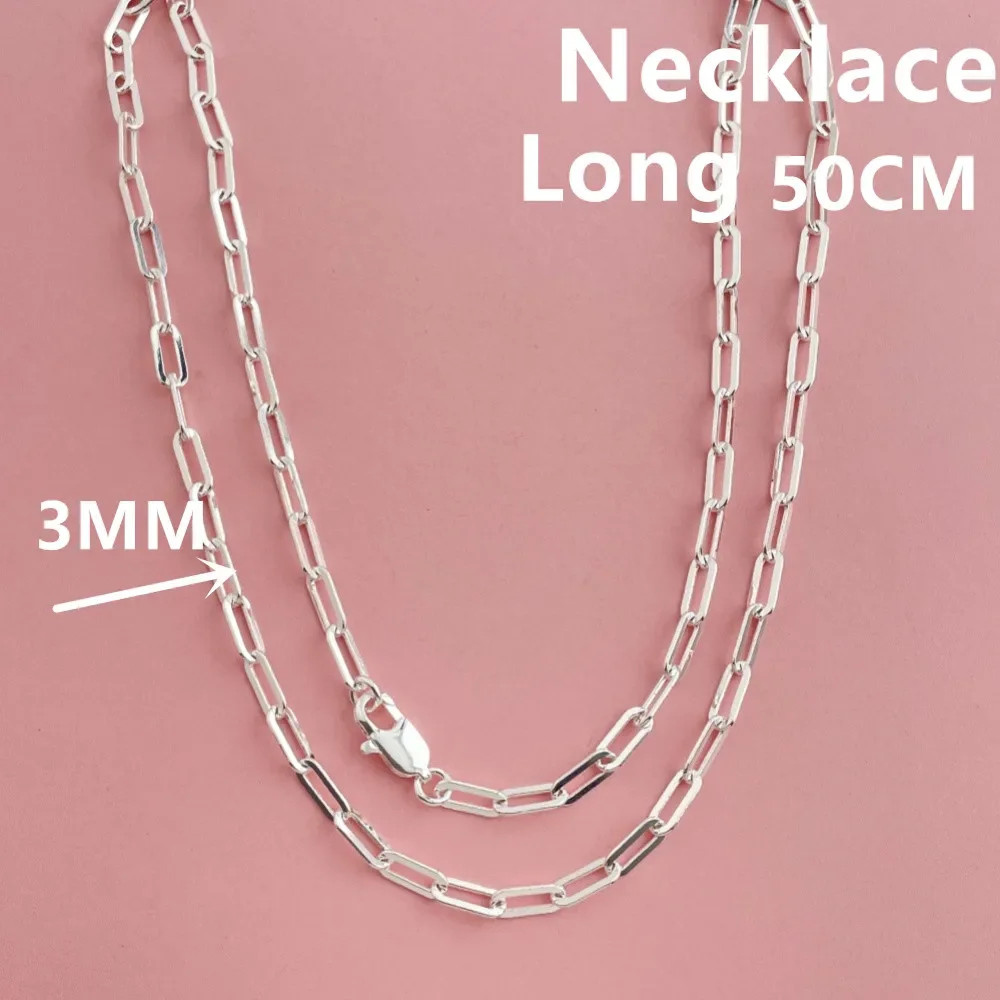Paperclip Chain Necklace 925 Sterling Silver 3mm 45-60cm Women Jewelry