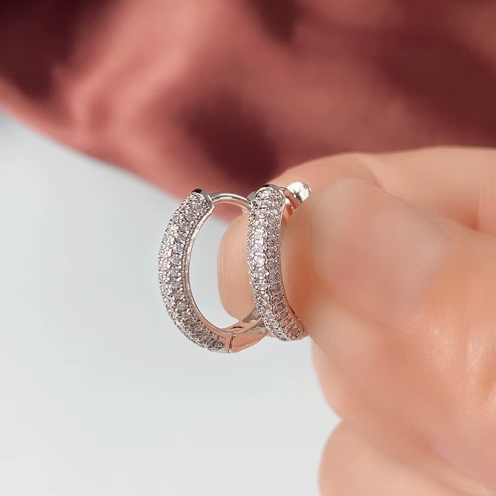 PAIR Elegant Paved Full Imitated Moissanite Circle Silver Plated CZ Hoop Earring