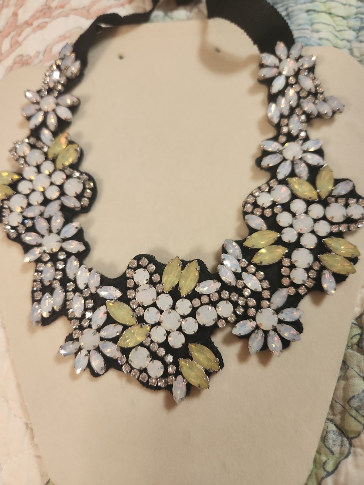 J Crew Fabric back Beaded Crystal Cluster Ribbon Necklace
