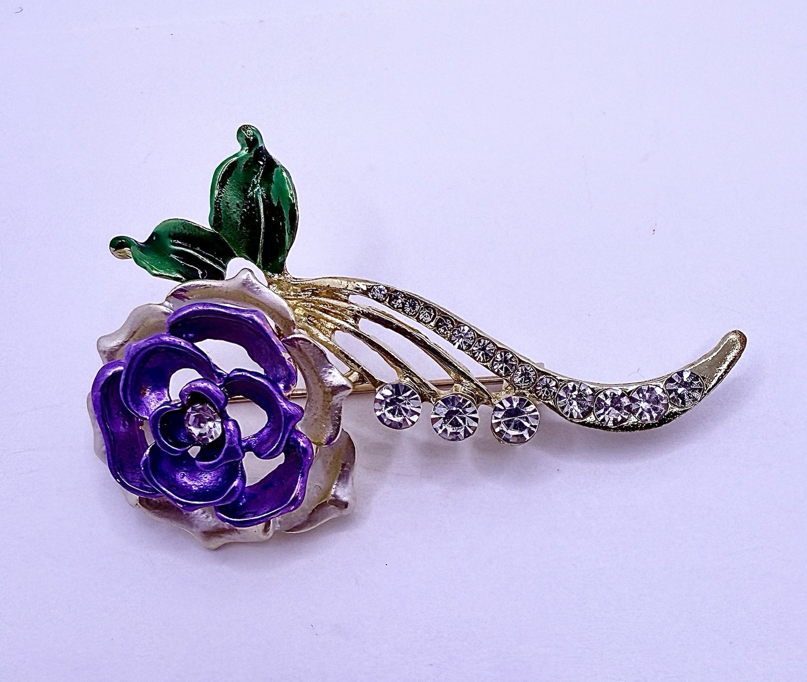 Vintage Inspired Purple Flower Brooch Pin Rhinestones Green Enamel Leaves Gift