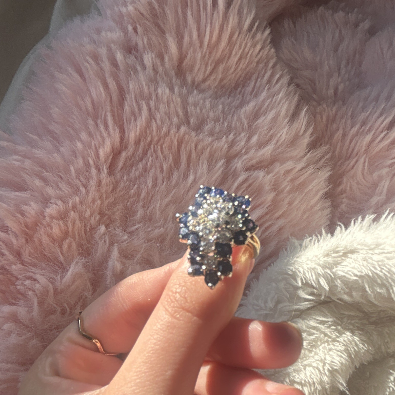 Yellow Gold Plated Cocktail Cluster Ring Size 8 Clear & Blue Simulated Diamond