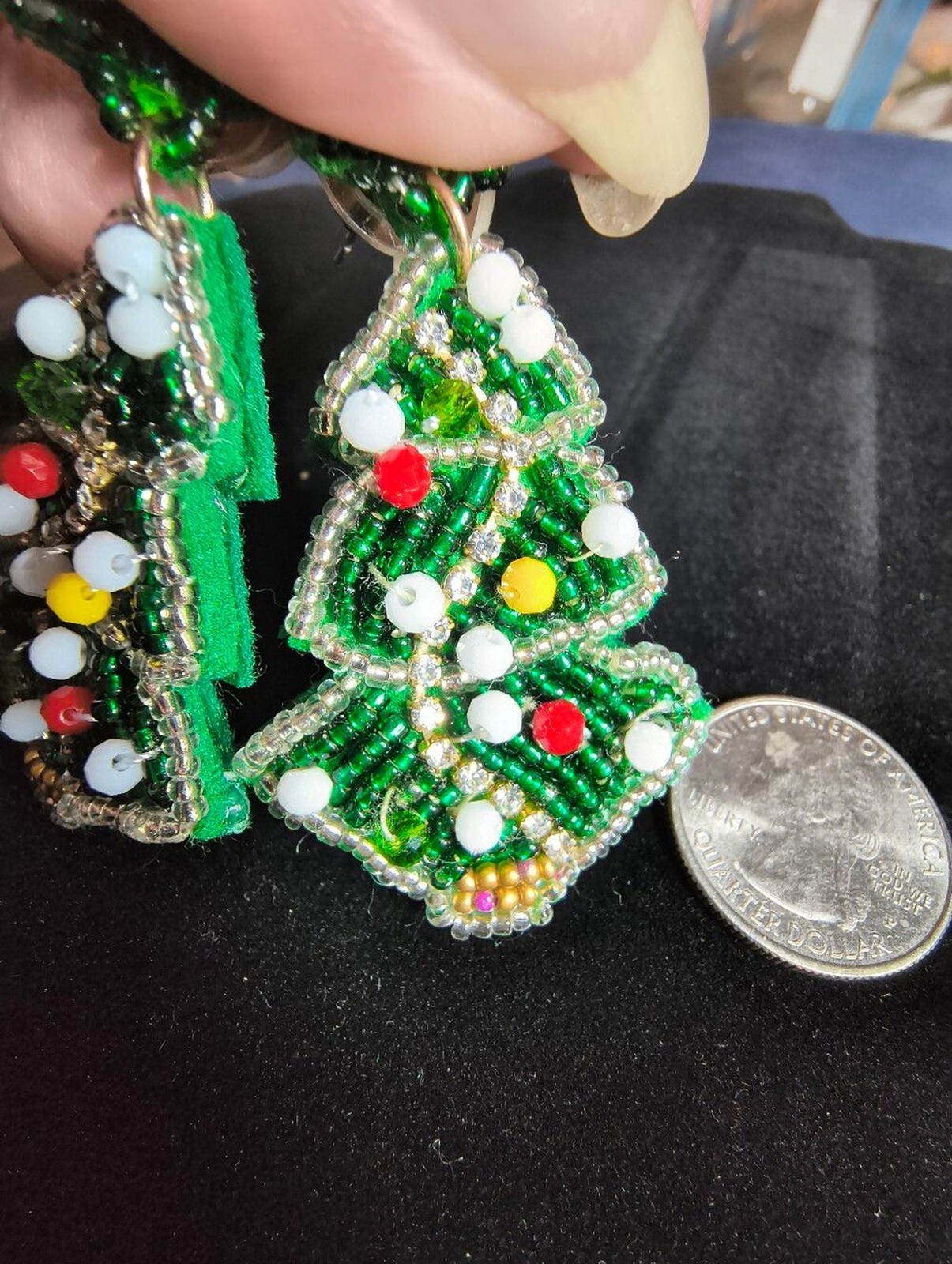 Vintage Handmade Beaded Christmas Tree Earrings Rhinestone Glass Bead