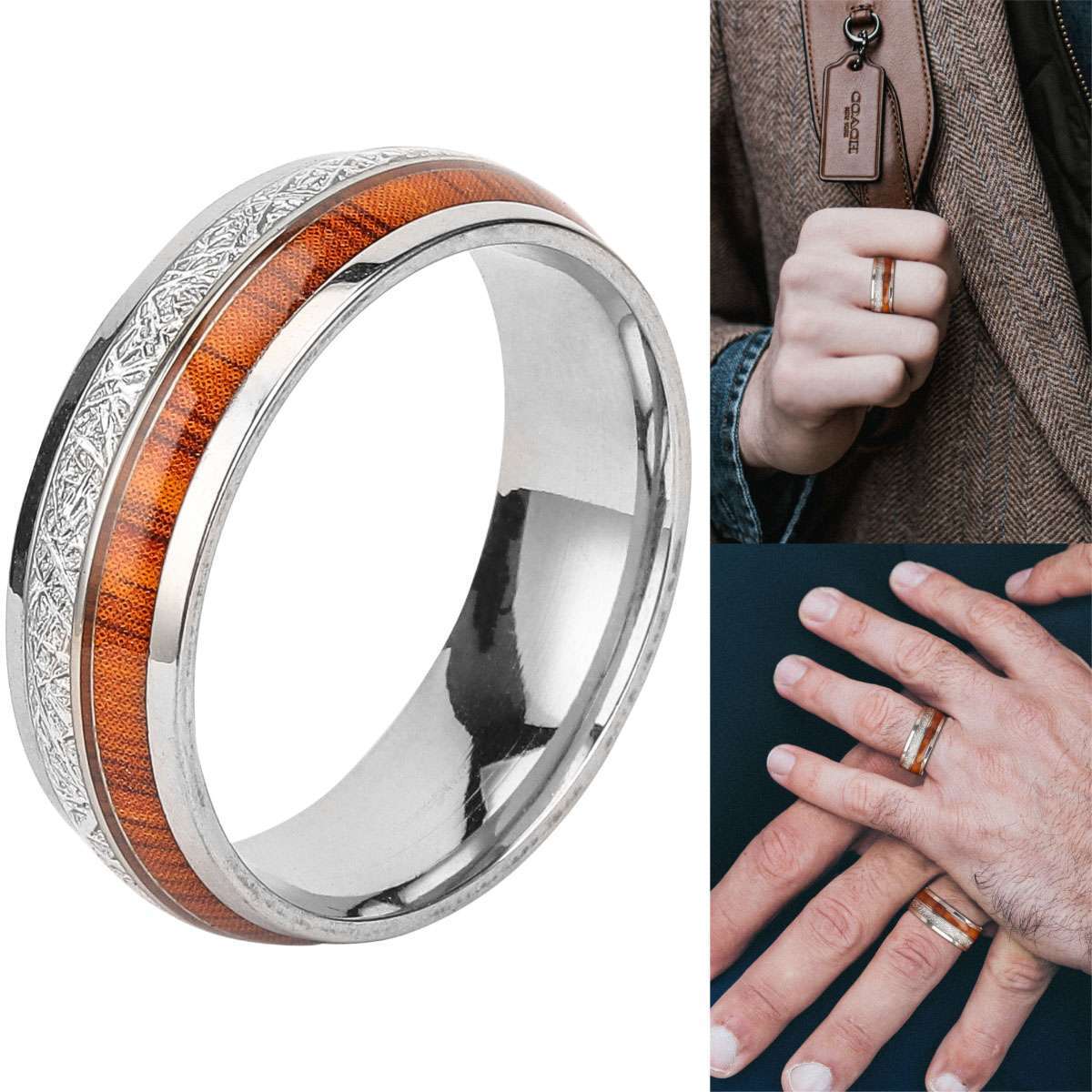 Mens Rose Gold Plated Tungsten Wood & Meteorite Wedding Band Ring 6-13size