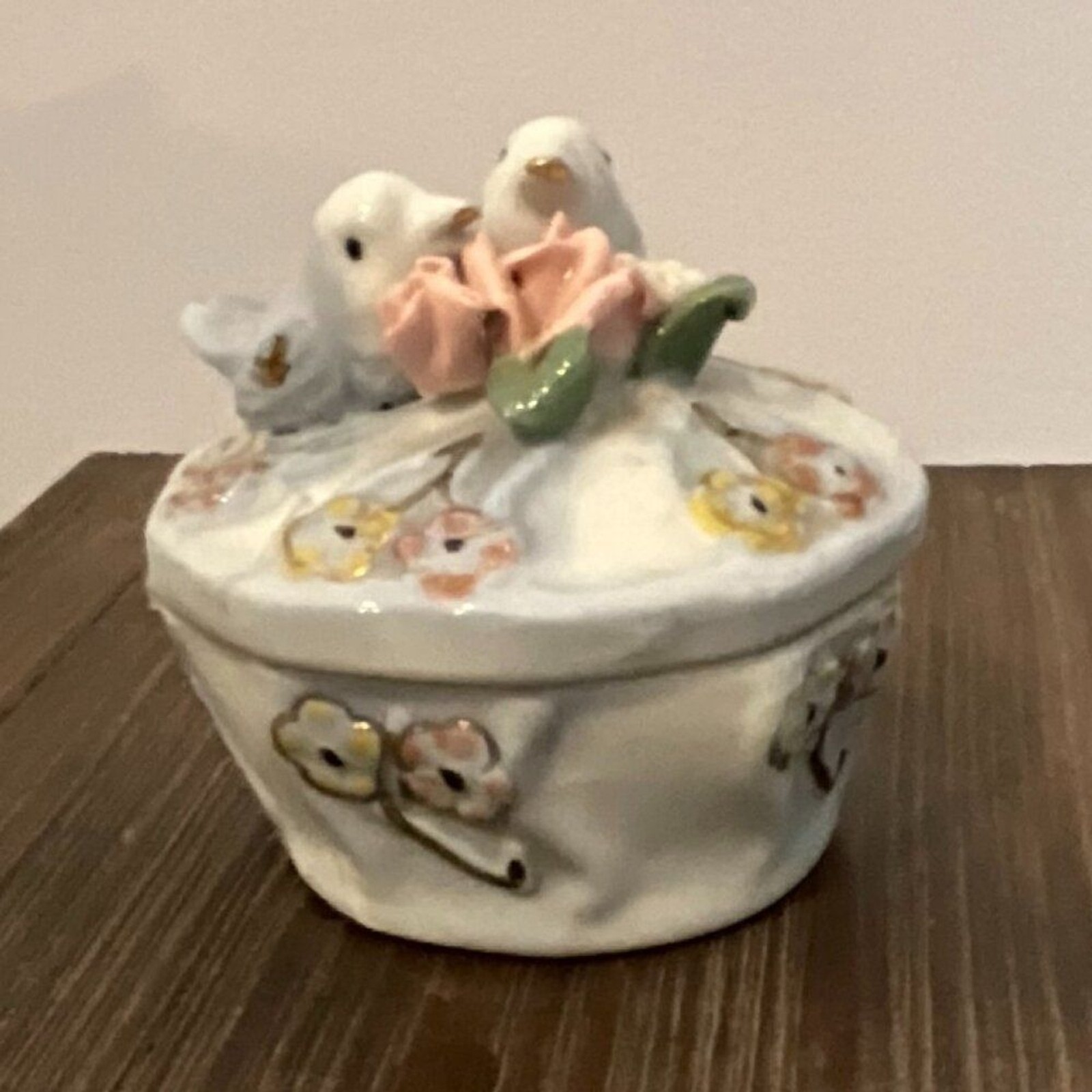 Vintage Ceramic Trinket Box with Lovebirds & Flowers