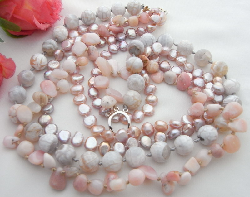 Purple Pearl Necklace Pink Opal White Agate 4 rows Strands 18″