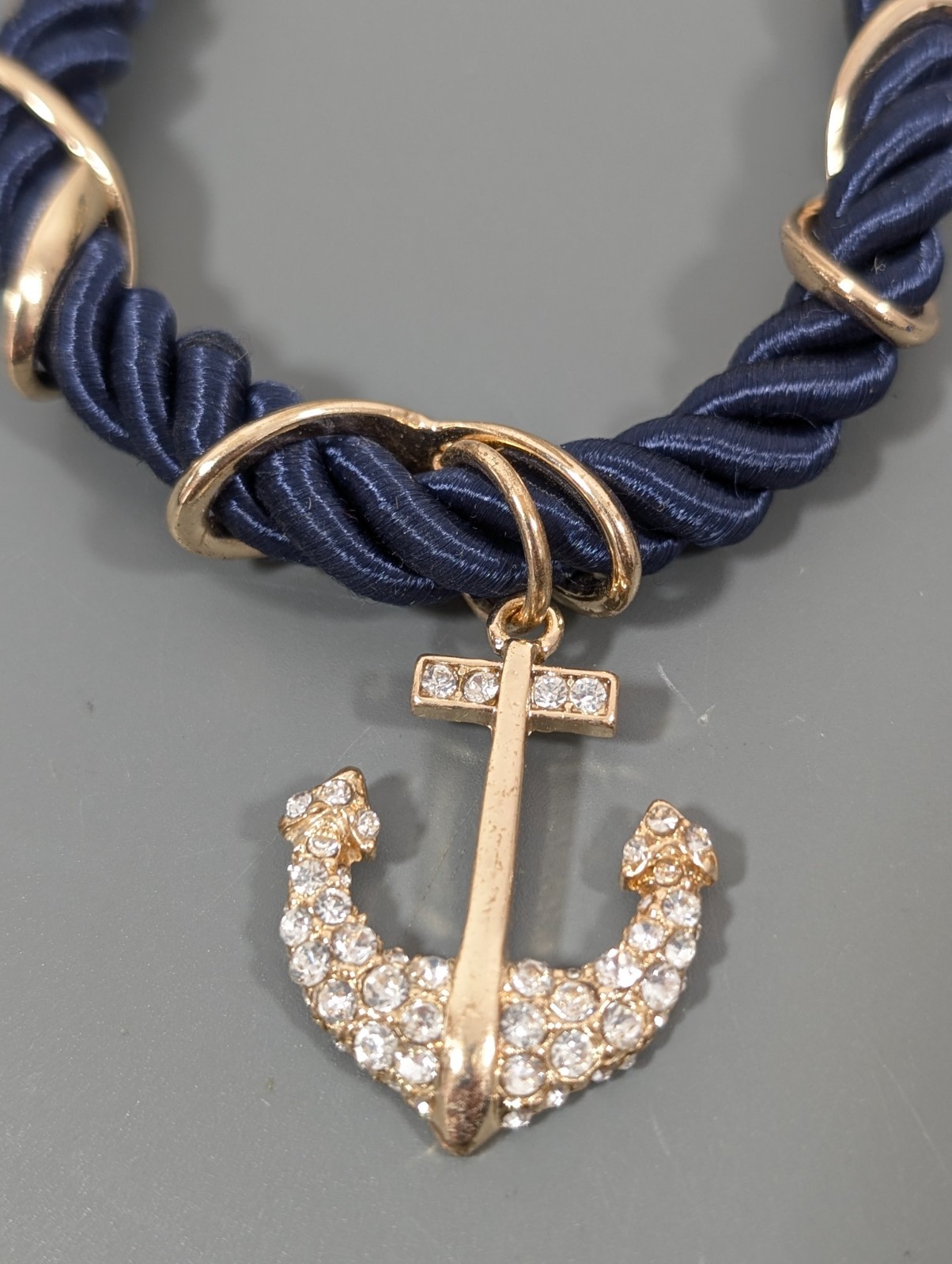 Nautical Coastal Blue Cord Gold Tone Anchor Pave Rhinestone Bracaelet 9 in