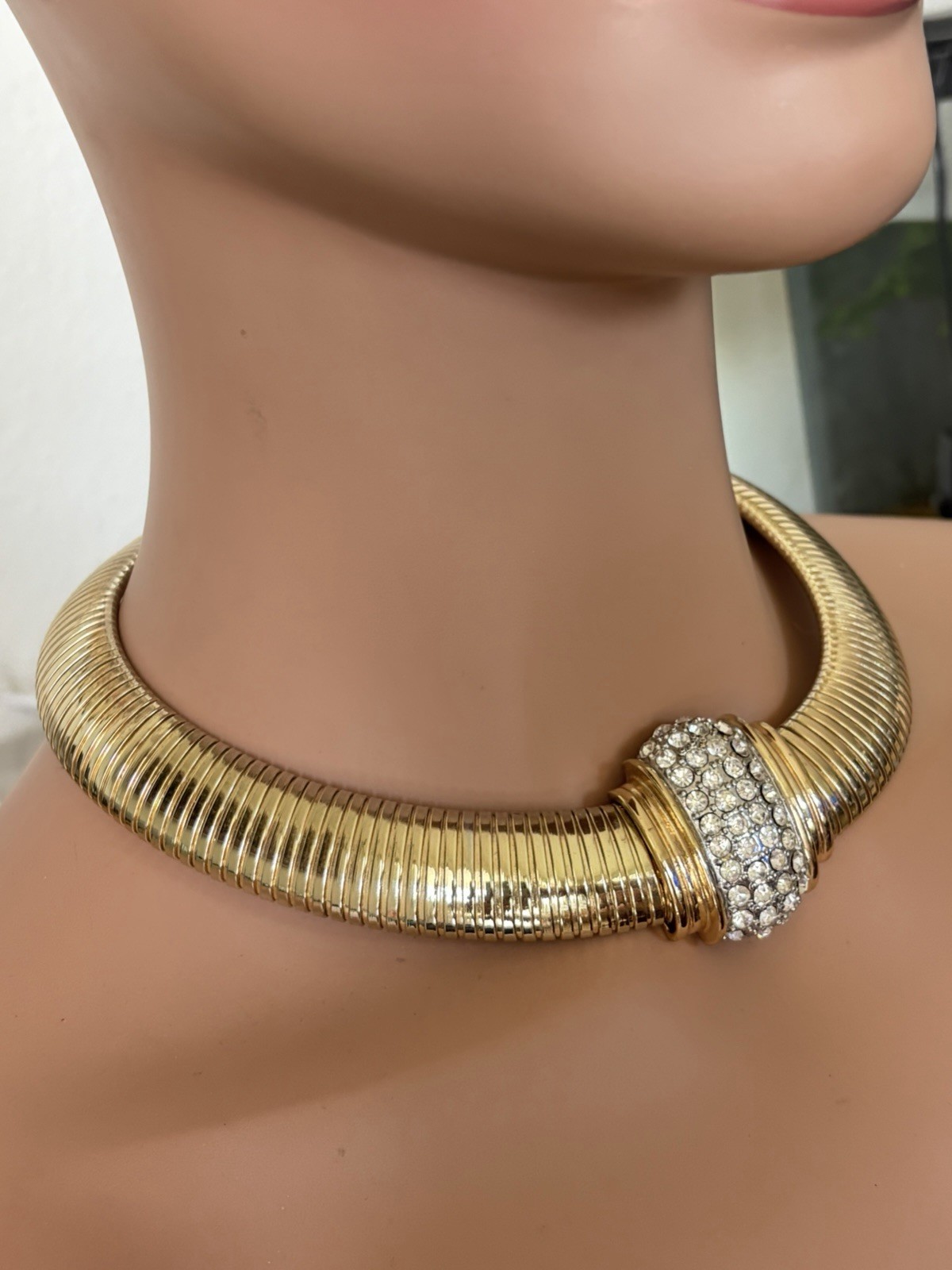 OPC Omega Tubogas Necklace Gold Tone Choker Icy Crystals Off Park Collection 80s