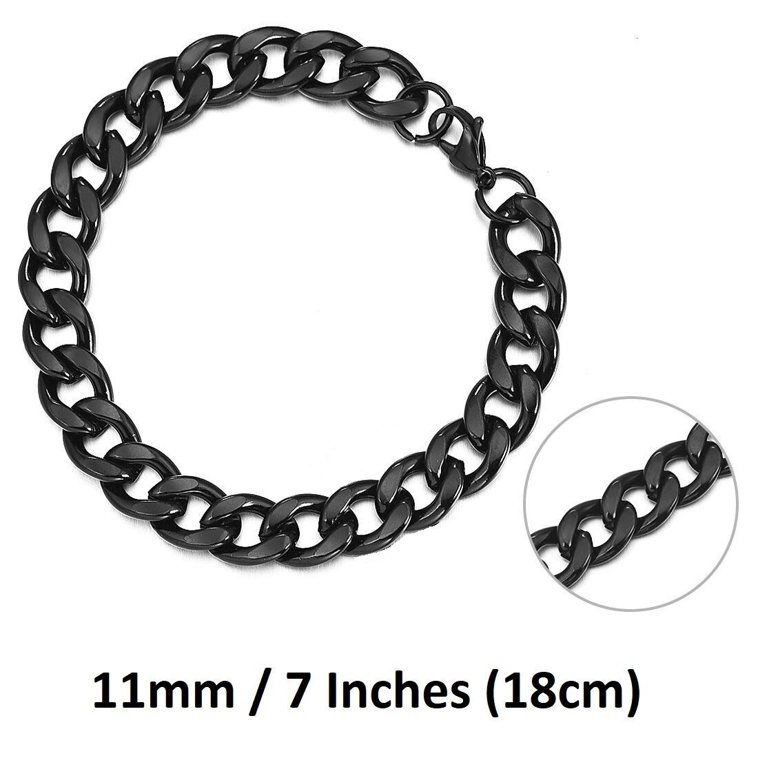 *UK* Black Stainless Steel Bracelet 11mm 7 Inch / 18cm Curb Mens Cuban Chain