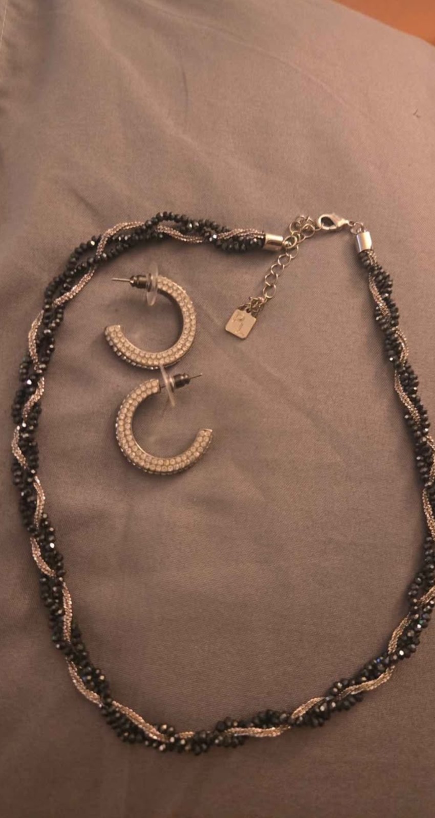 Silver And Black Twist Crystal Jewelry Set Necklace & Hoop Earrings