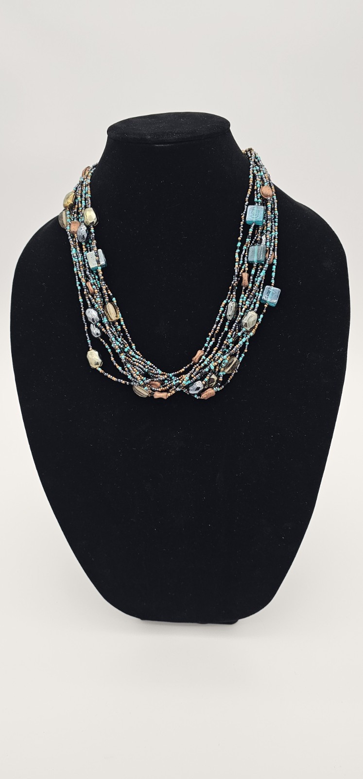 Beaded Multi Colored & Stranded Layered Glass Necklace Blue Square Oval