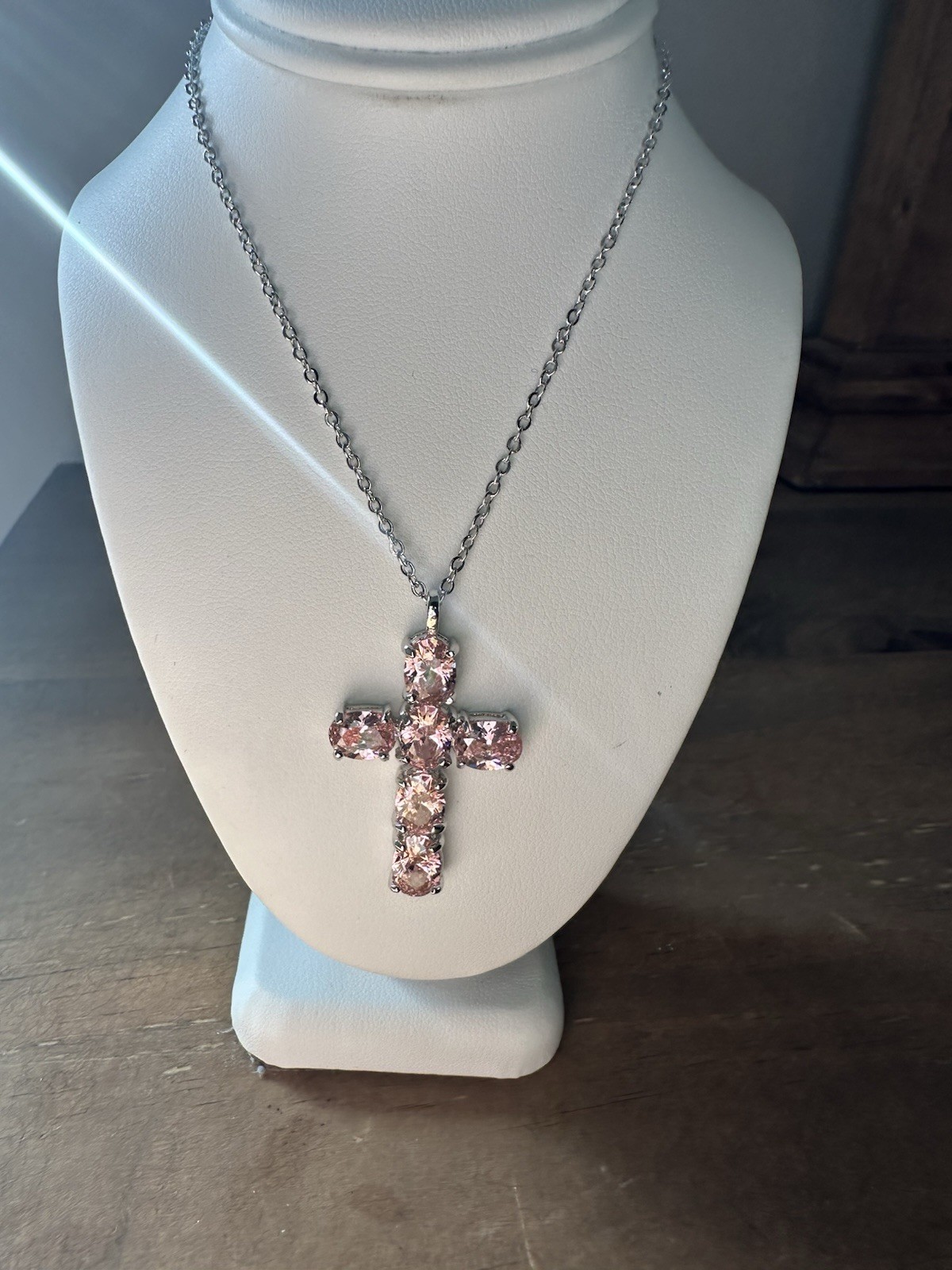 New Without Tags White Gold Plated Pink CZ Stone Cross Pendant Necklace 16-18”