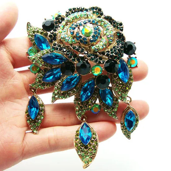 Vintage Style Flower Rose Brooch Pin Pendant Green Cyan Rhinestone Crystal