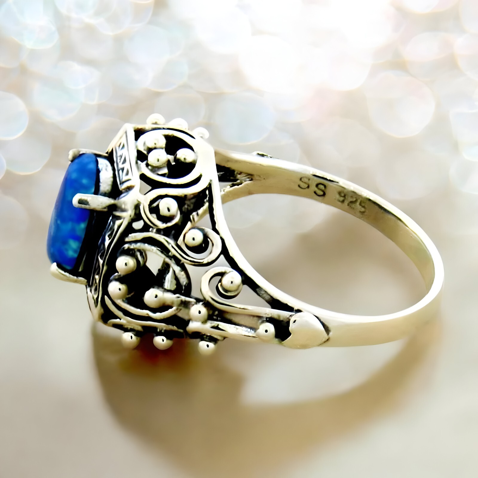 ANTIQUE STYLE 925 STERLING SILVER LAB-CREATED BLUE FIRE OPAL RING #229
