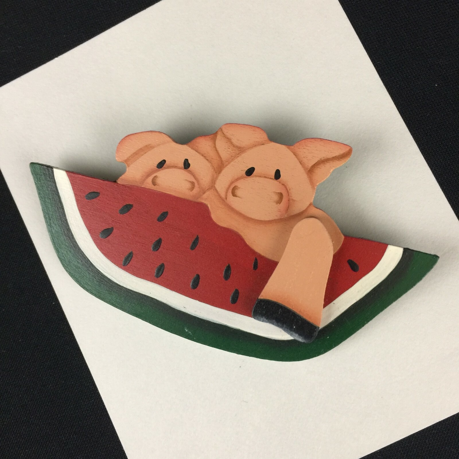 Brooch Pigs with Watermelon Pin Wooden Hand Painted Locking Bar Pin Back VTG