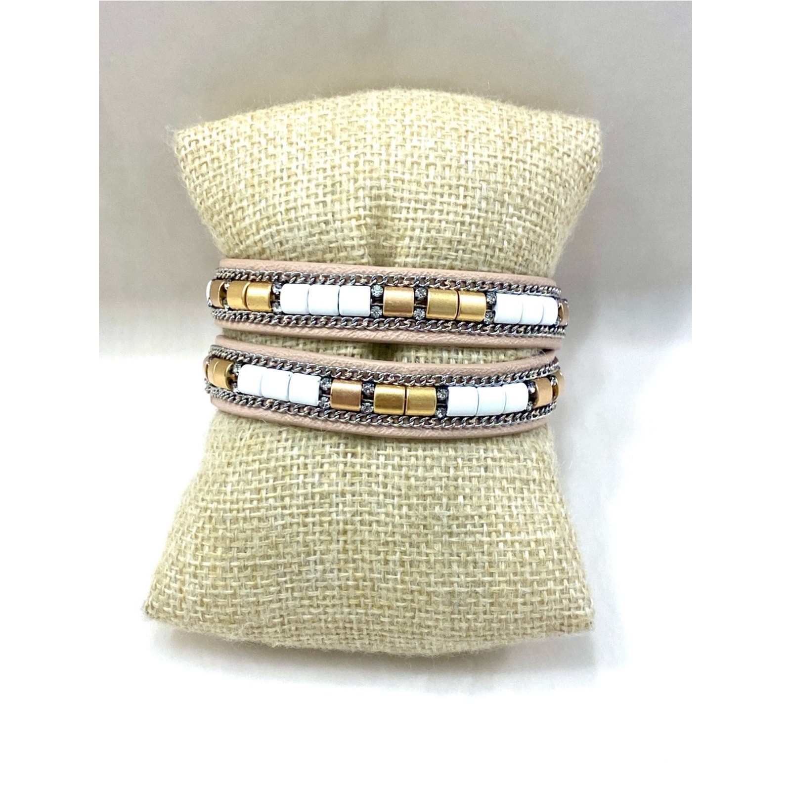 Stella & Dot White and Gold Double Wrap Beaded Bracelet and Necklace