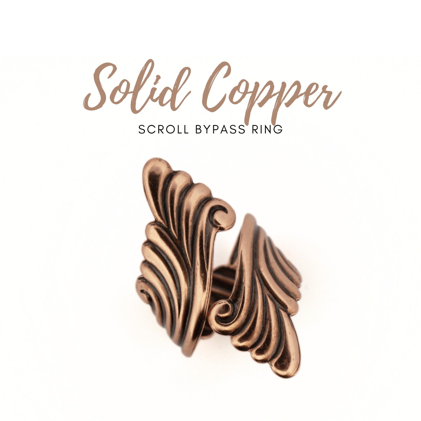 Solid Copper Swirled Scroll Bypass Ring Pure Copper Wraparound & Adjustable