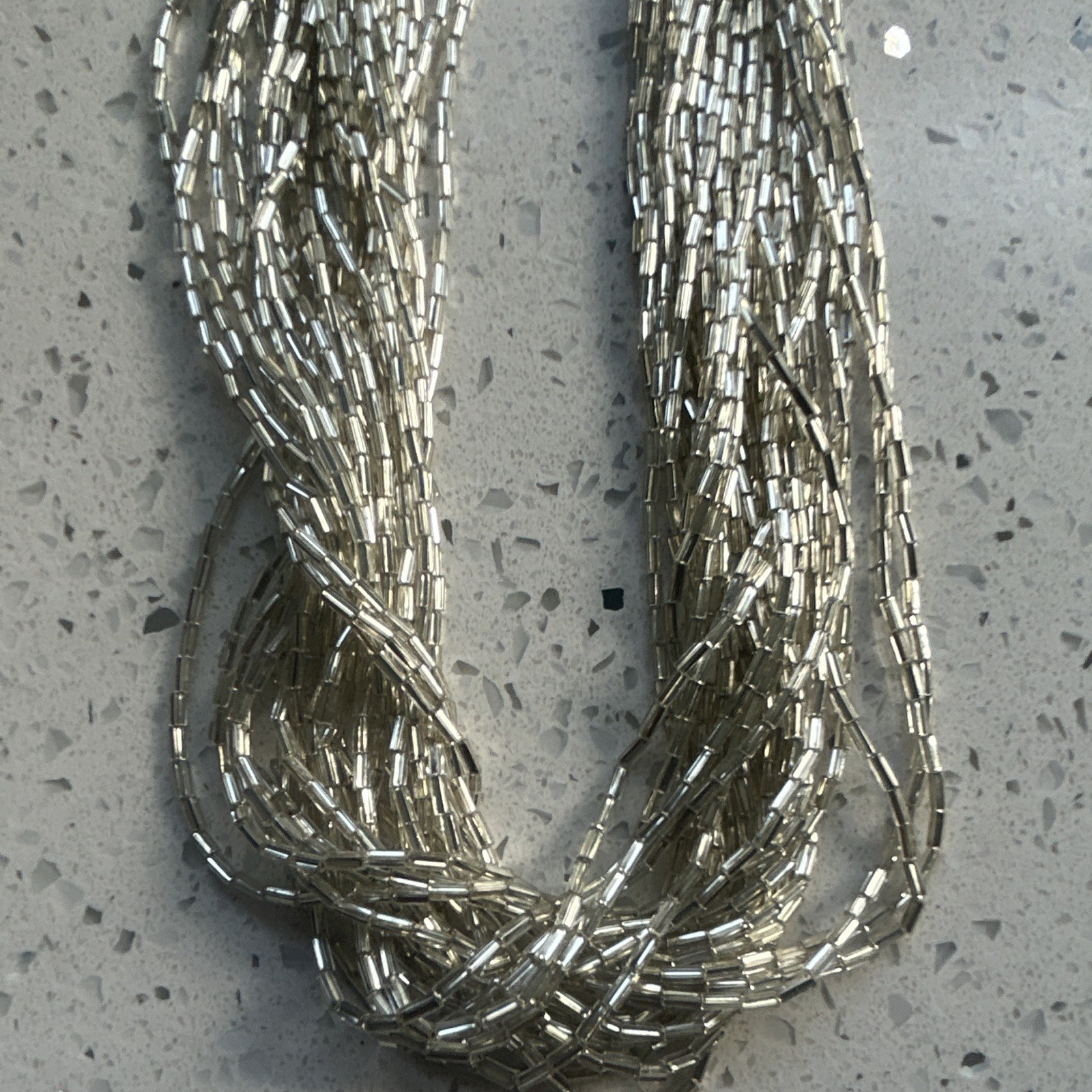 Silver Multi-Strand Beaded Statement Necklace Clear Glass Tube Beads Barrel