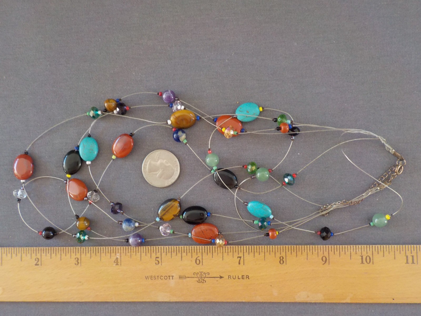 Necklace Silver Tone Metal Multi Strand Wire Stone Glass Oval Polished