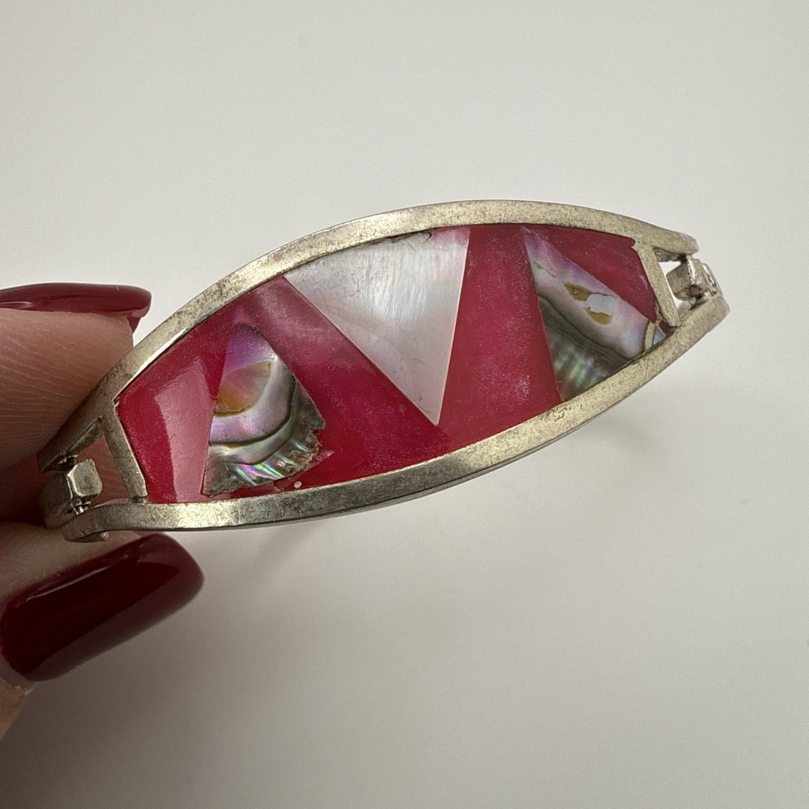 Alpaca Mexico Silver Tone Cuff Bracelet Pink Enamel/Abalone Inlay
