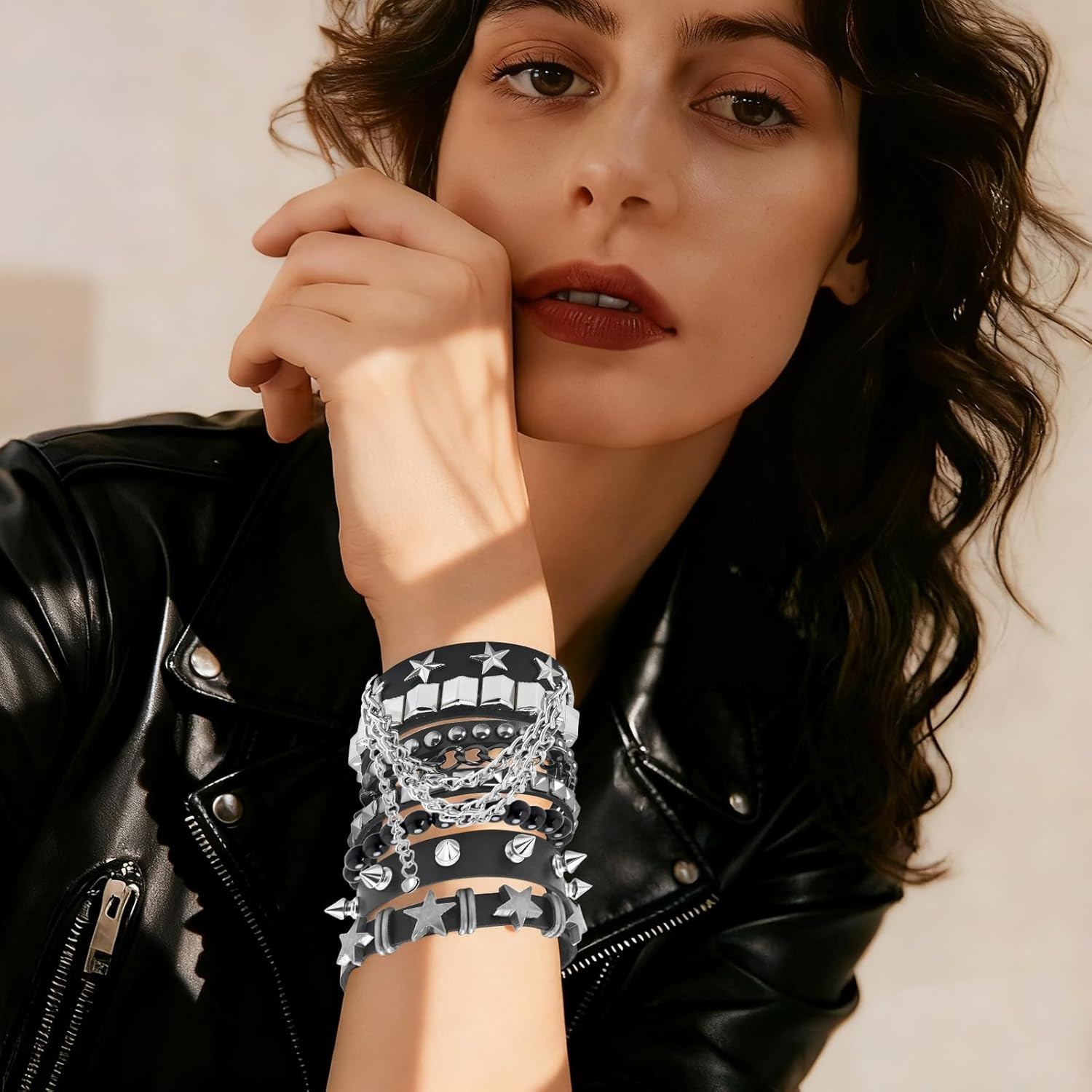 Studded Spike Punk Bracelets 5 Pcs PU Leather Goth Grunge Y2K Wristband Set
