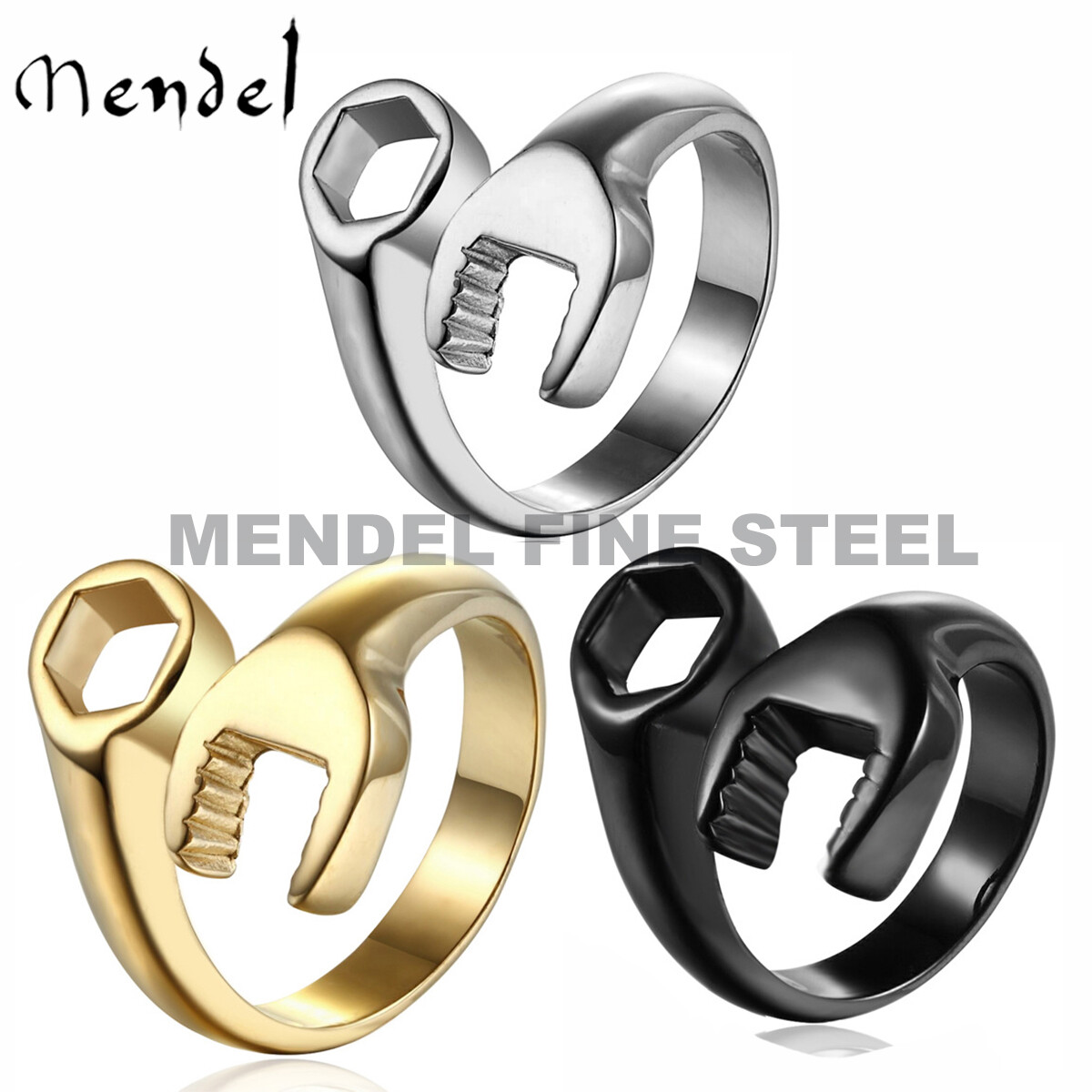 MENDEL Mens Biker Gold Plated Wrench Ring Men Stainless Steel Size Size 7 8 9-15