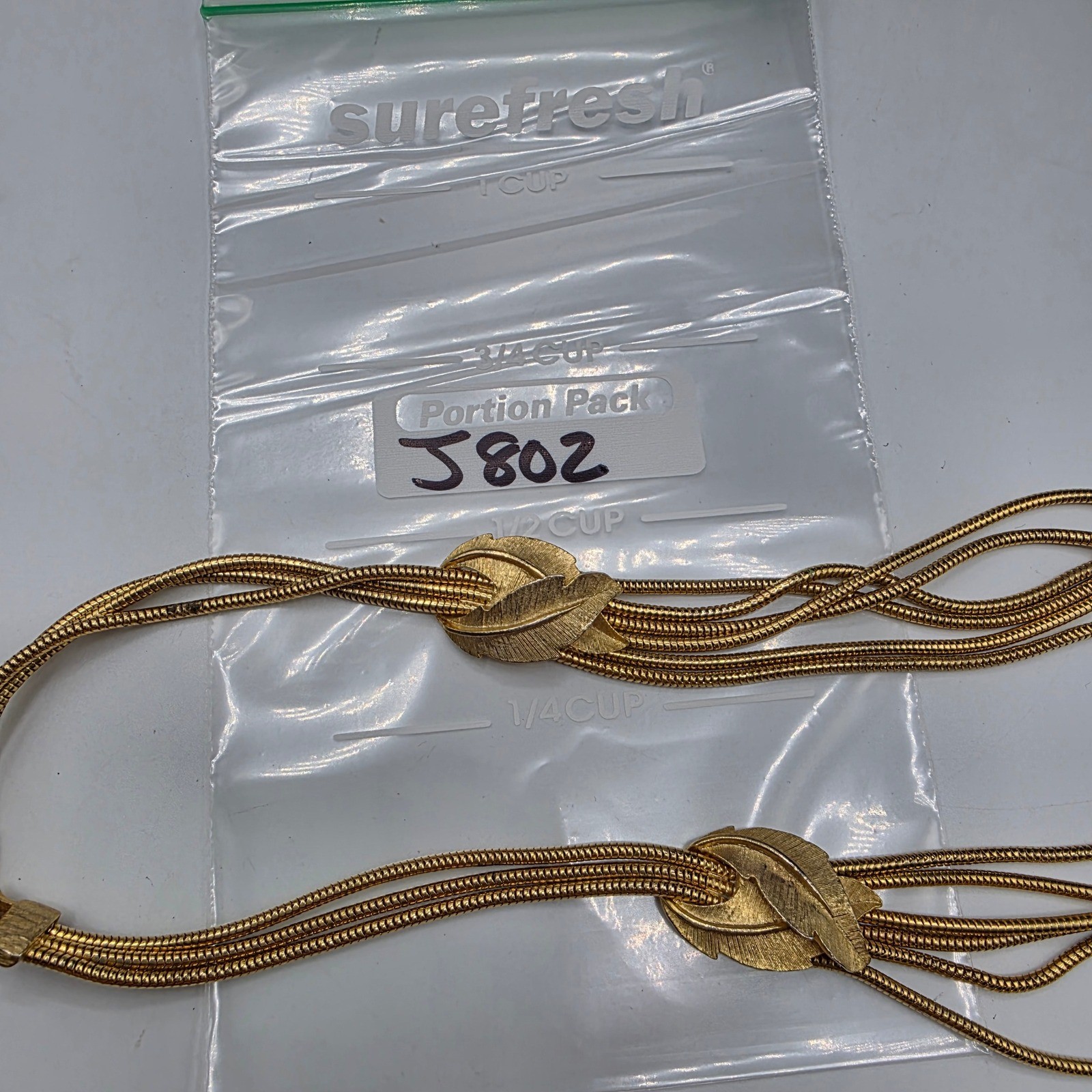 Vintage Gold Tone Multi Strand Snake Chain Leaf Accent Layered Necklace 17in