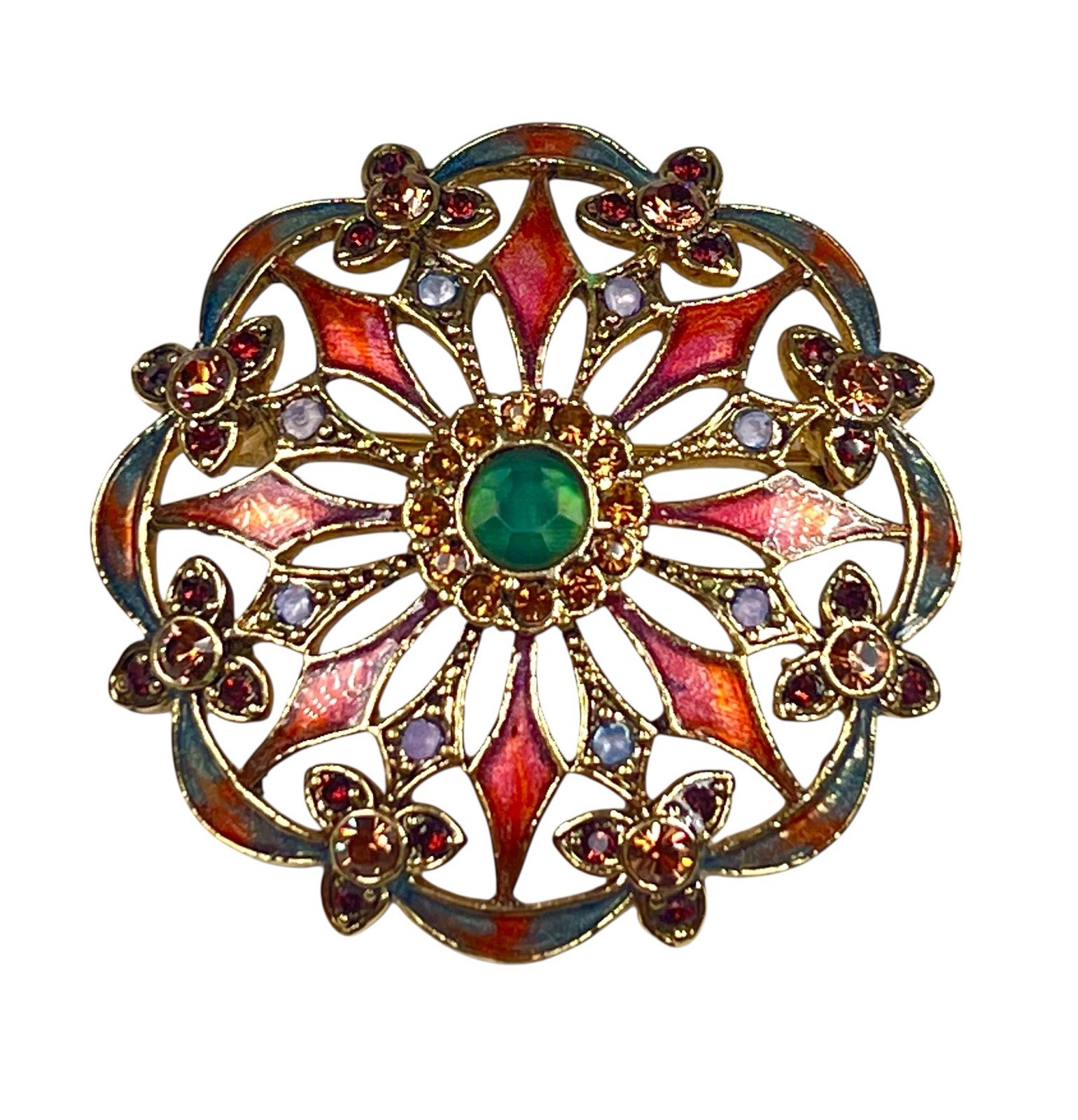 MONET Enameled Floral Pin Gold Tone Rhinestones Nature Botanical Garden Flowers