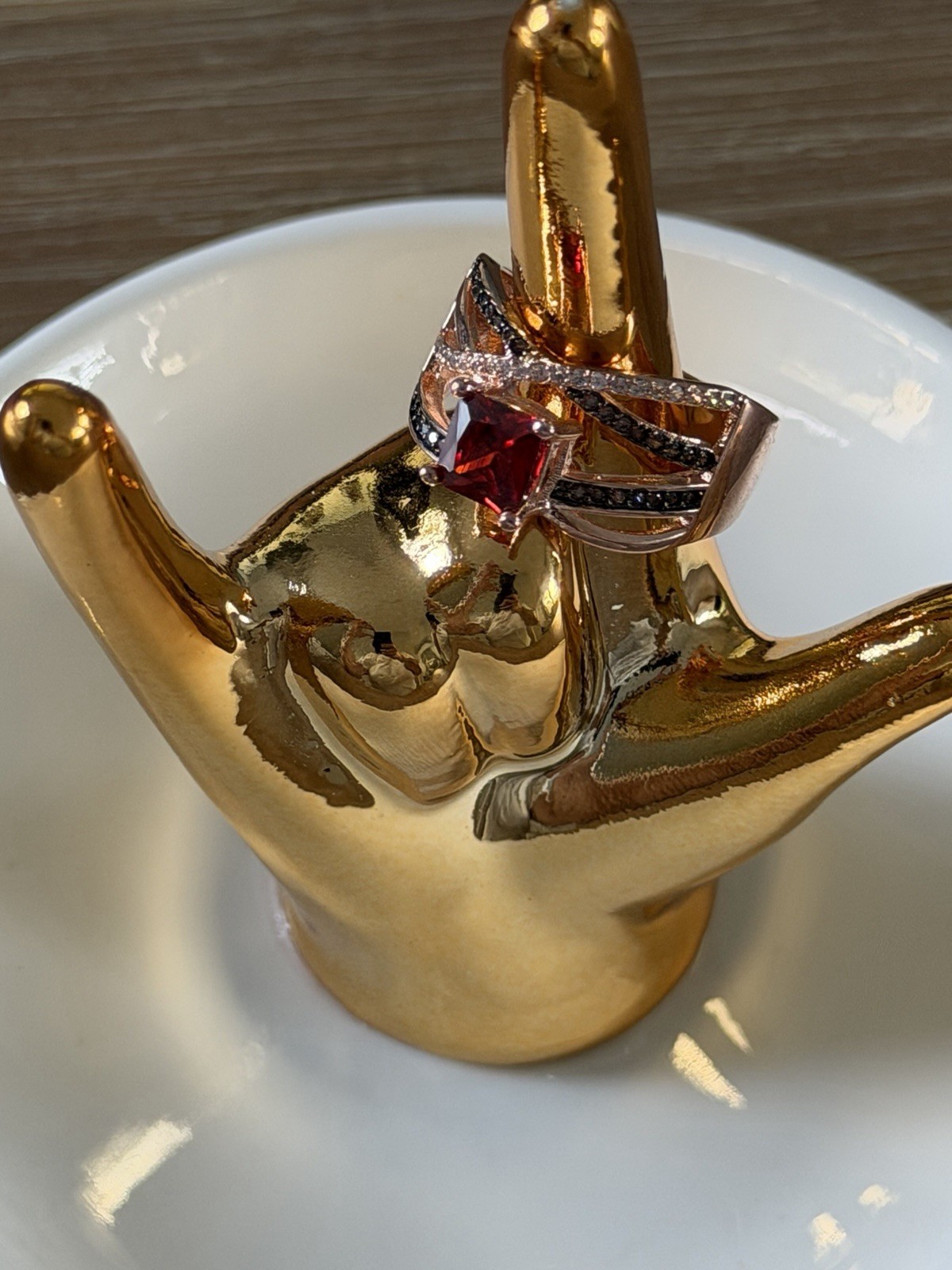 Rose Gold Plated Band Ring Size 7 Red Square Stone Prong Set Accents