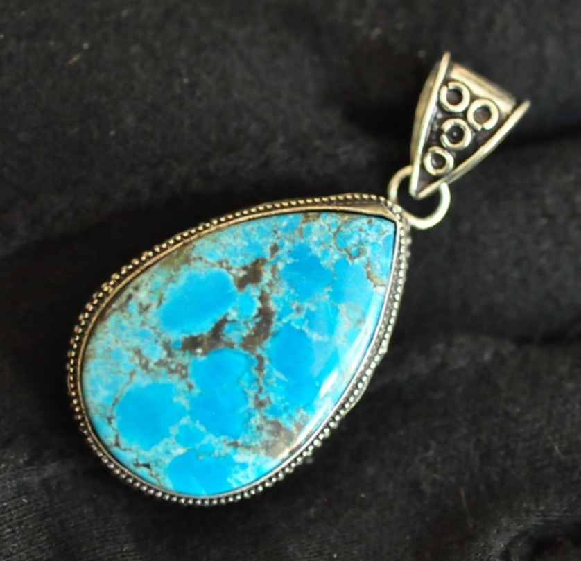 Unique Vintage Sterling Silver Turquoise Teardrop Pendant – 2″, 16g, Ornate 925