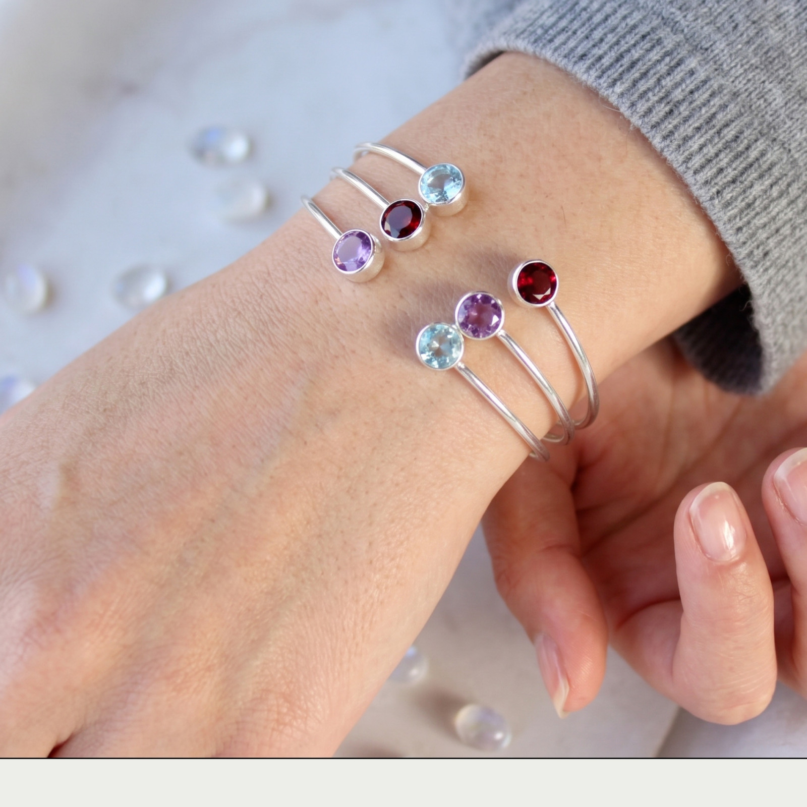 925 Sterling Silver Triple Raw Natural Gemstone Cuff Bracelet, Multi Stone Jewel