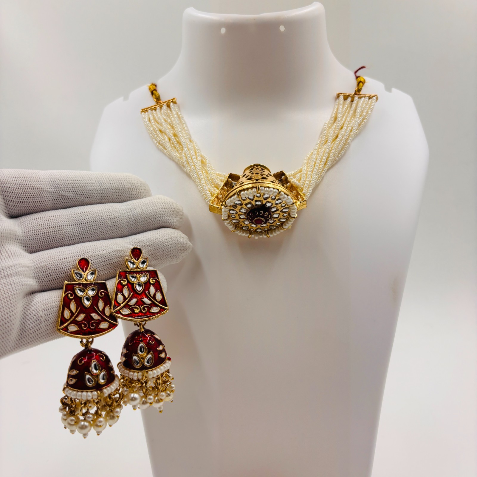 Kundan Pearl Necklace Set with Jhumka Earrings and Ring Indian Traditional Jewel